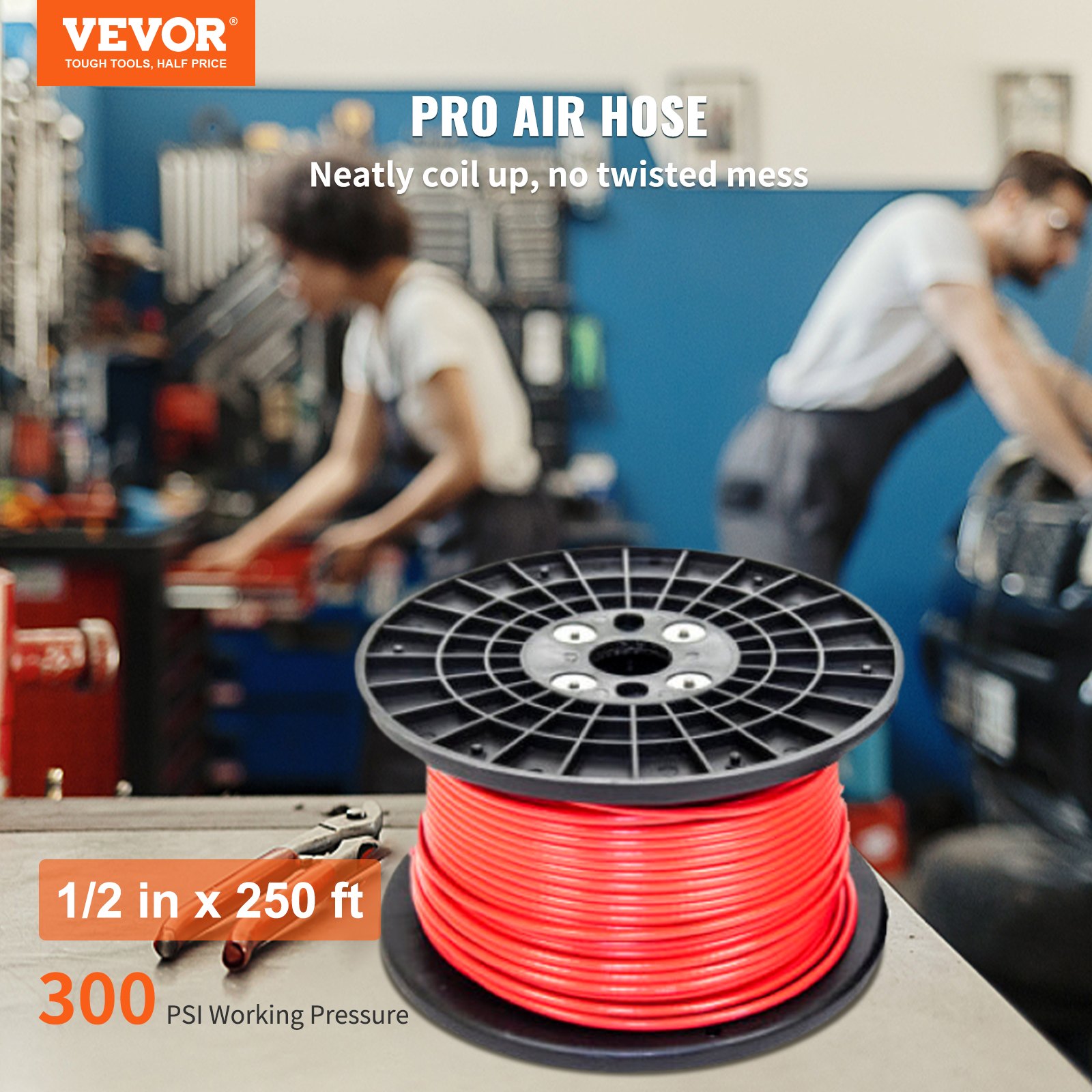 VEVOR Air Hose, 1/2 inch x 250 ft, 300 PSI Heavy Duty, Lightweight PVC / Rubber Hybrid Air Compressor Hose, Kink Resistant All-Weather Flexibility, Bulk Plastic Spool