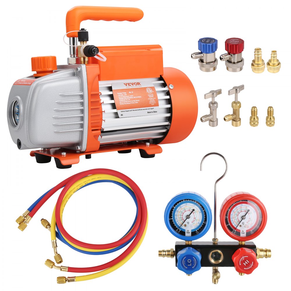 VEVOR 1/5 HP 3.5 CFM AC Vacuum Pump and Gauge Set, Single Stage Rotary Vane HVAC Air Vacuum Pump A/C Refrigerant Kit Manifold Gauge Set, with Three-Color Hose Carry Bag, Applicable to R134a, R1234yf