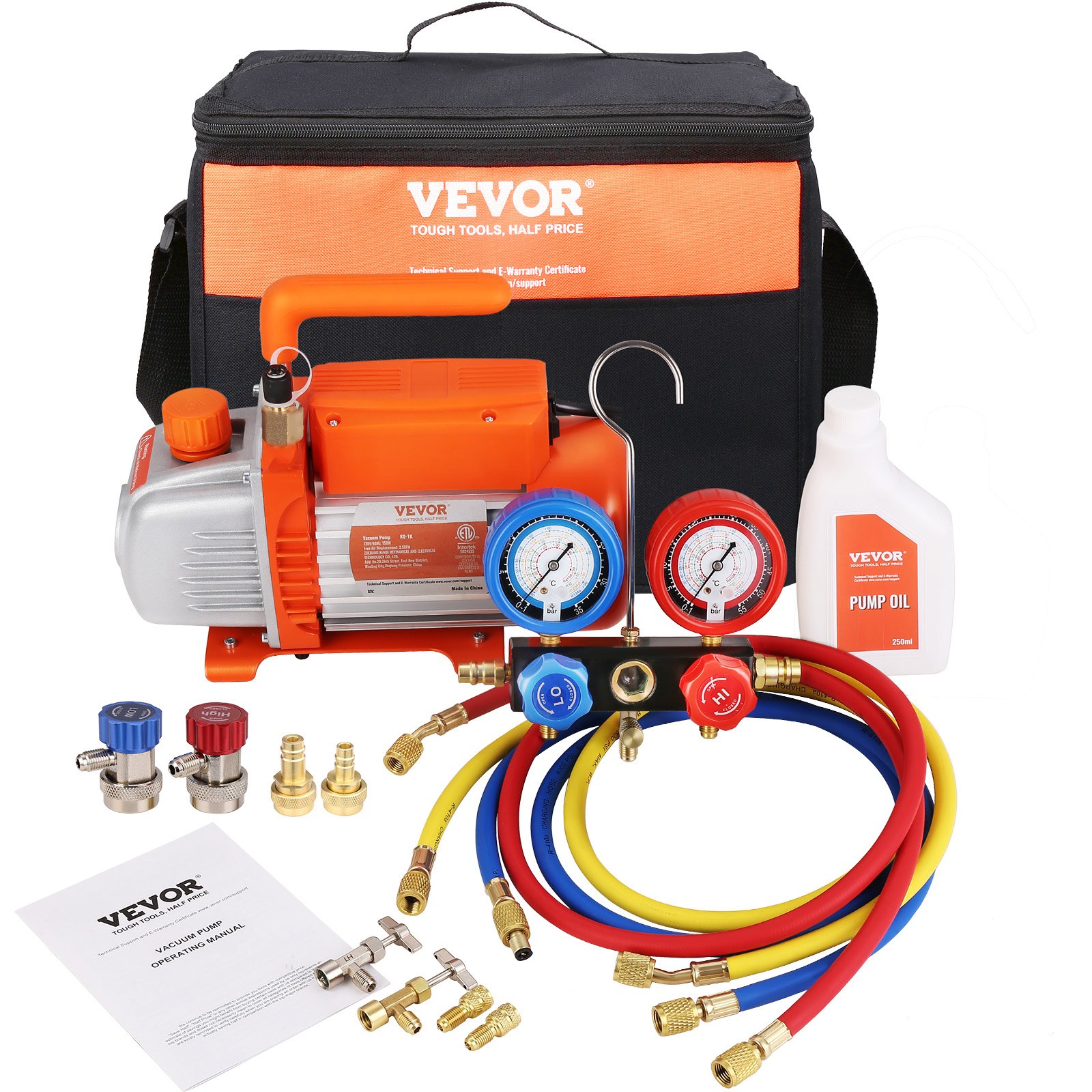 VEVOR vacuümpomp 100 l/min negatieve drukpomp A2L-explosieveilig 150 W 220 V/50 Hz 1440 tpm 55-276 bar 250 ml olie-inhoud HVAC vacuümapparatuur verdeelmanometerset airconditioning autokoelsystemen