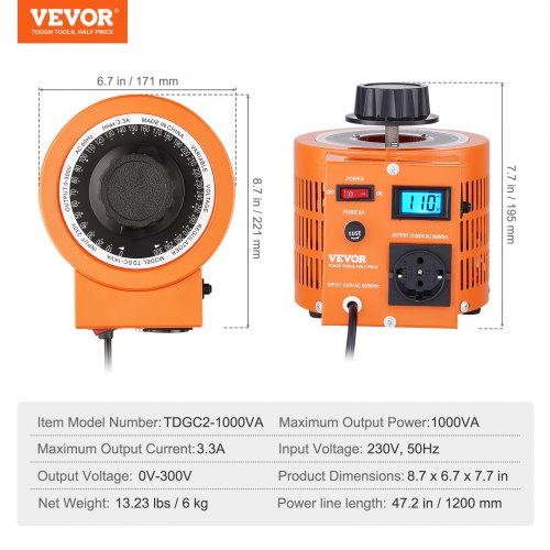 VEVOR 1000 VA regeltransformator met variabele spanning, 3,3 ampère, 230 V ingang, 0-300 V uitgang, AC-spanningsregelaarvoeding, met 4 extra zekeringen, voor thuis, industrie, kantoor