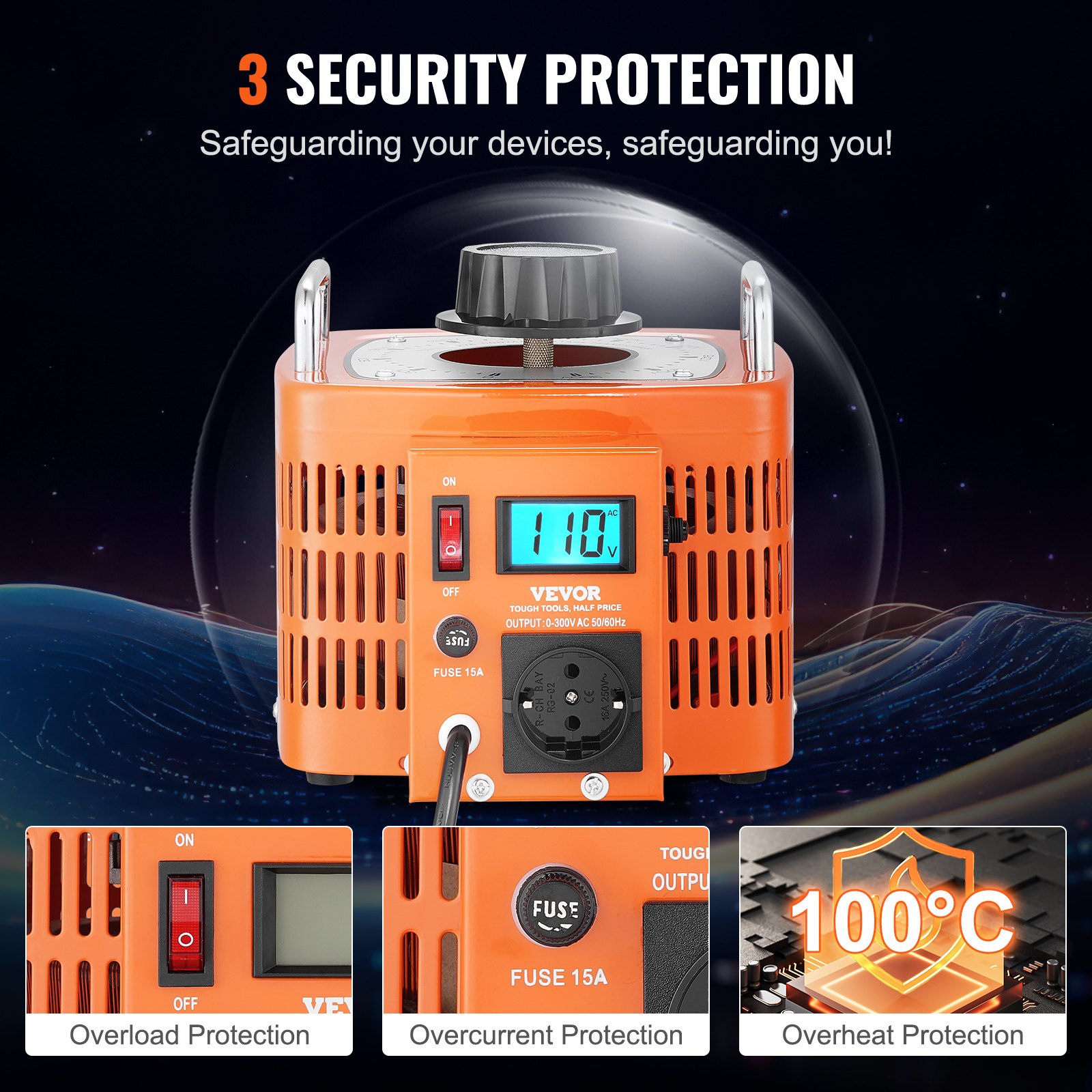 VEVOR 3000VA Automatische variabele spanningstransformator, 10 ampère, 230V ingang, 0-300V uitgang, AC-spanningsregelaar, met LCD-scherm, 4 extra zekeringen