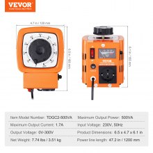 VEVOR 500VA Variabele spanningsvariabele transformator 1,7 A 230 V ingang, 0-300 V uitgang AC-spanningsregelaar Voeding met 4 extra zekeringen Thermische schakelaar voor thuis, industrieel kantoor