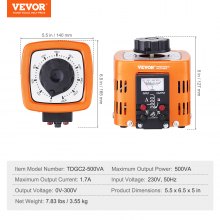 VEVOR Automatische variabele variabele transformator 500VA 1,7A Ingang 230V Uitgang 0-300V AC-spanningsregelaar 4 zekeringen Thermische schakelaar voor thuiskantoor