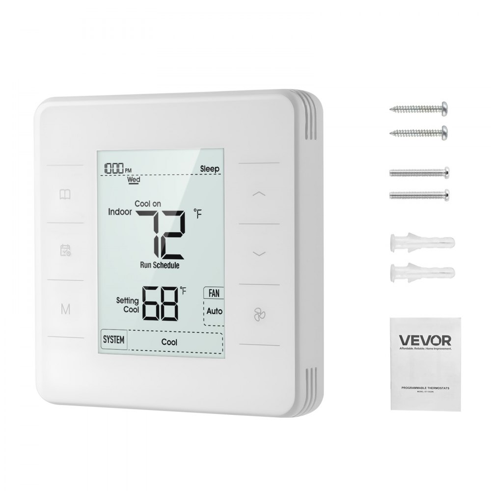 VEVOR Thermostaat 7-daags programmeerbare kamerthermostaat voor warmtepomp, airconditioner, vloerverwarming, LED-scherm met achtergrondverlichting, breed temperatuurbereik van 5 tot 37 °C, wit