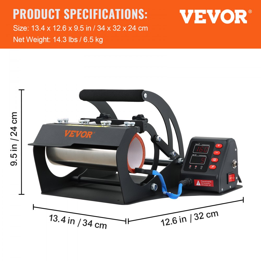 VEVOR Bekerpers 560 W transferpers zwart bekerdrukmachine 11/20 ounces koppen pers machine met kabellengte koffiemok 220 V hittepers temperatuur & tijd instelbaar 0-220 °C / 0-999 s