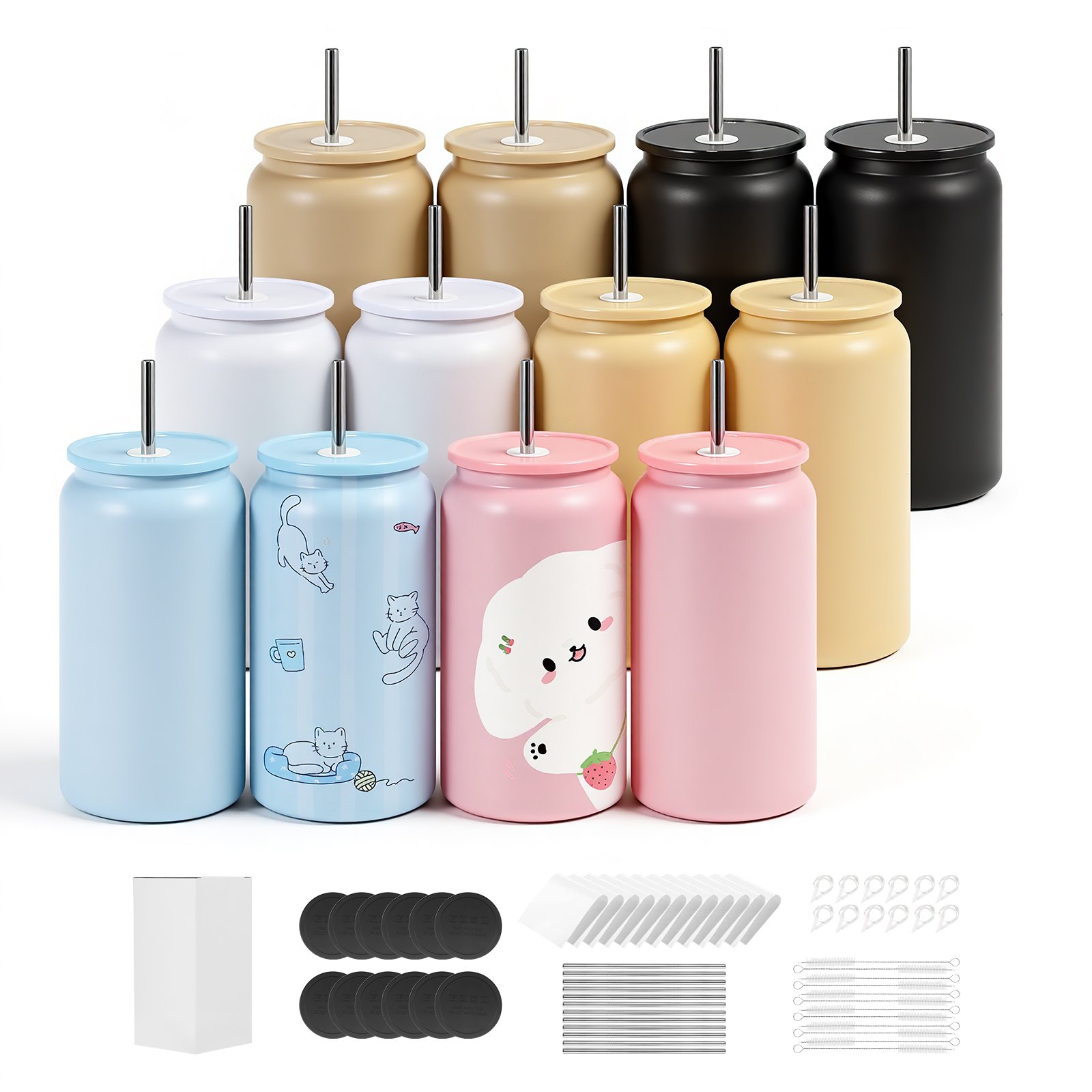 VEVOR Sublimatiebekers 12 stuks (473 ml), meerkleurige roestvrijstalen sublimatie thermosbekers met deksels en rietjes, dubbelwandige geïsoleerde sublimatie drinkflessen voor doe-het-zelf projecten en cadeaus