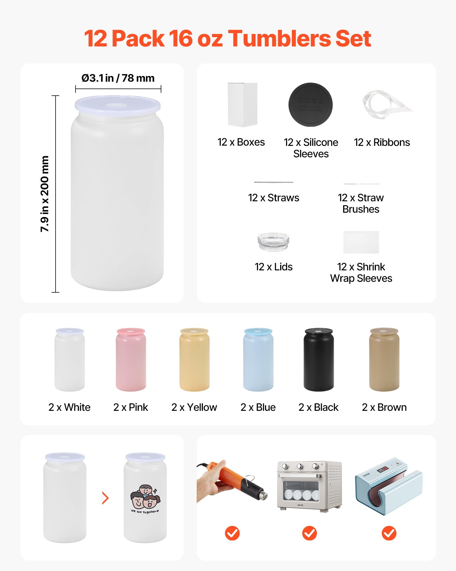 VEVOR Sublimatiebekers 12 stuks (473 ml), meerkleurige roestvrijstalen sublimatie thermosbekers met deksels en rietjes, dubbelwandige geïsoleerde sublimatie drinkflessen voor doe-het-zelf projecten en cadeaus