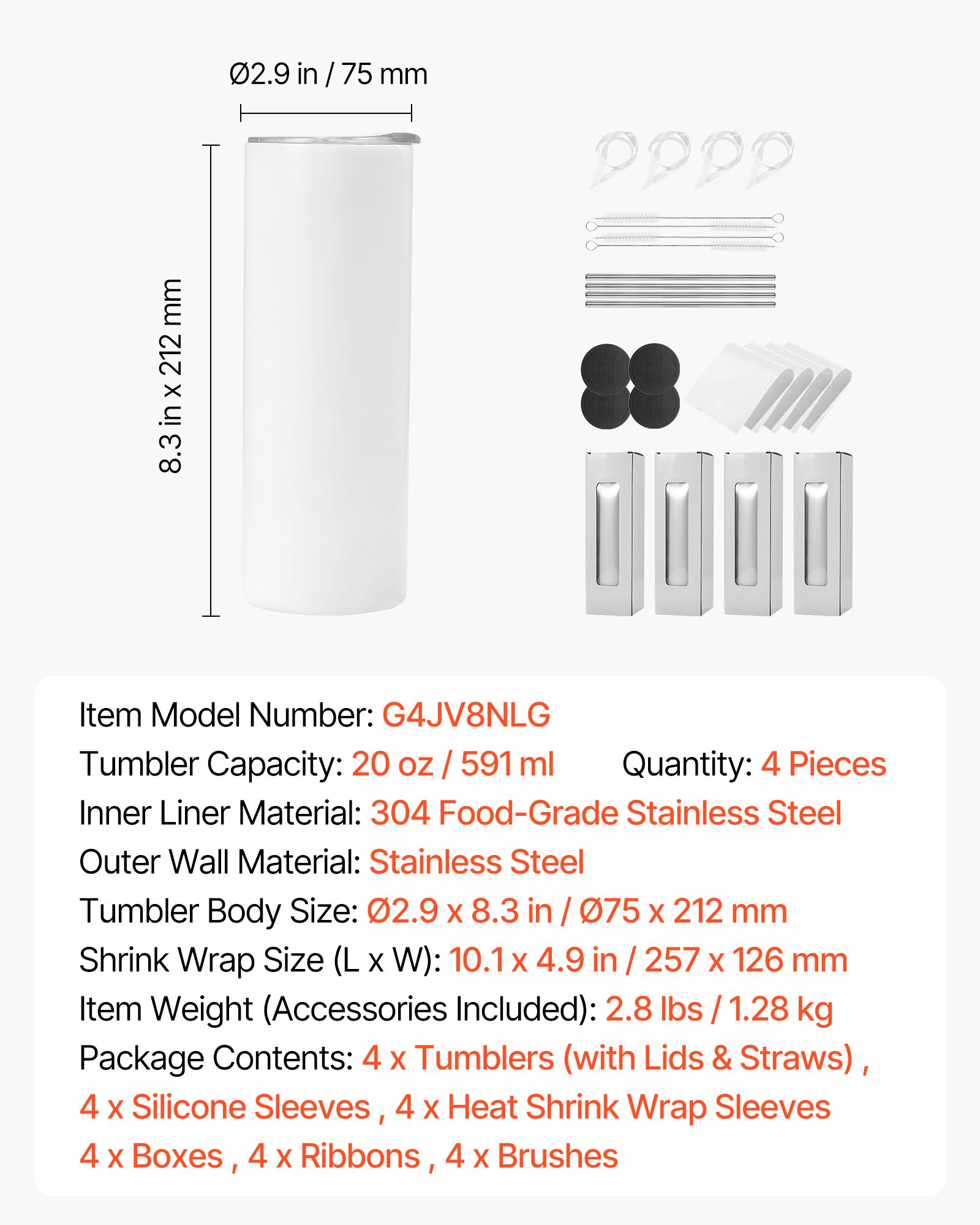 VEVOR sublimatiebekers 4 stuks (591 ml), roestvrijstalen sublimatiebekers met deksels en rietjes, dubbelwandige geïsoleerde sublimatiebekers voor individuele doe-het-zelf-ontwerpen en cadeaus