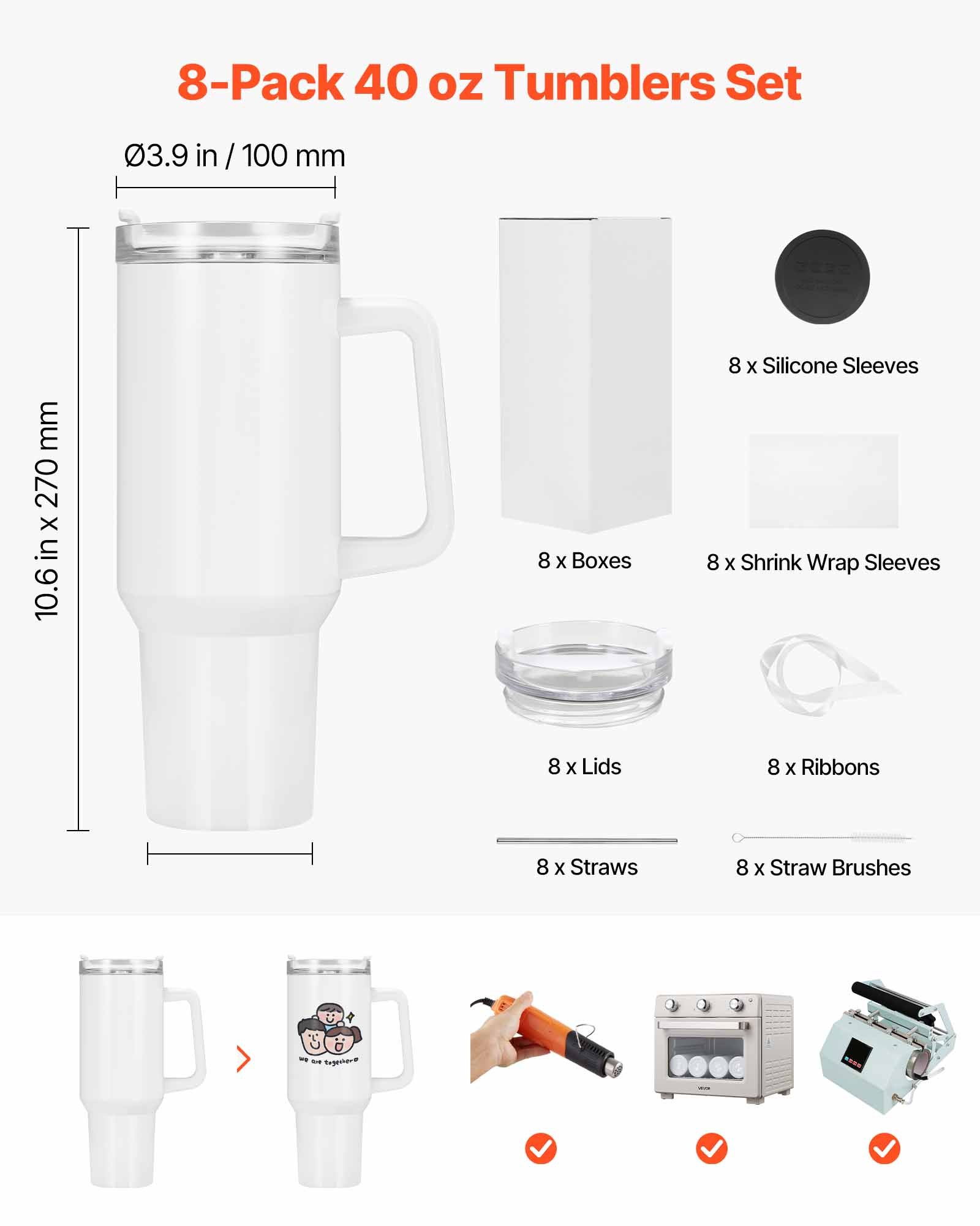 VEVOR Sublimatiebekers 8 stuks (1183 ml), roestvrijstalen sublimatiebekers met deksel, rietje en handvat, dubbelwandige geïsoleerde sublimatiebekers voor individuele doe-het-zelf-ontwerpen en cadeaus