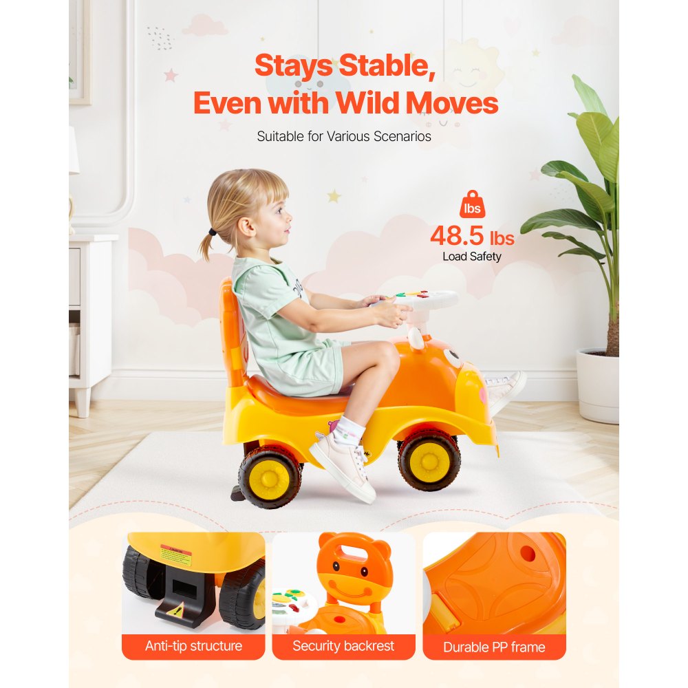 VEVOR Loopauto, 500x240x415 mm Loopauto voor peuters, Loopvoertuig met claxon en muziek, Draagvermogen 22 kg, Opbergruimte onder de stoel, Loopwagen voor peuters van 19 tot 36 maanden