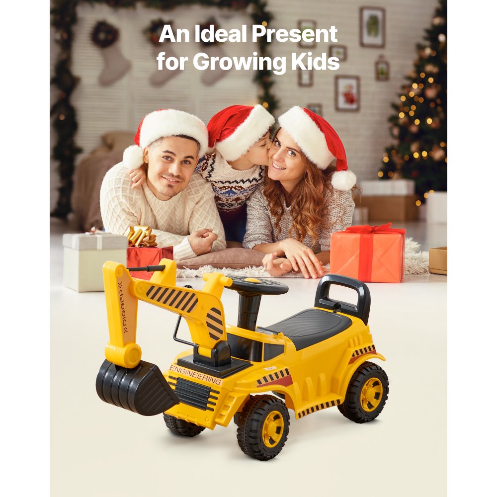 VEVOR Ride On Toddler Car, Push Car for Toddler 19 to 36 Months, Excavator Digger Toy with Helmet & Music, 25 kg Load Capacity, Foot-to-Floor Walker for Kids, Yellow