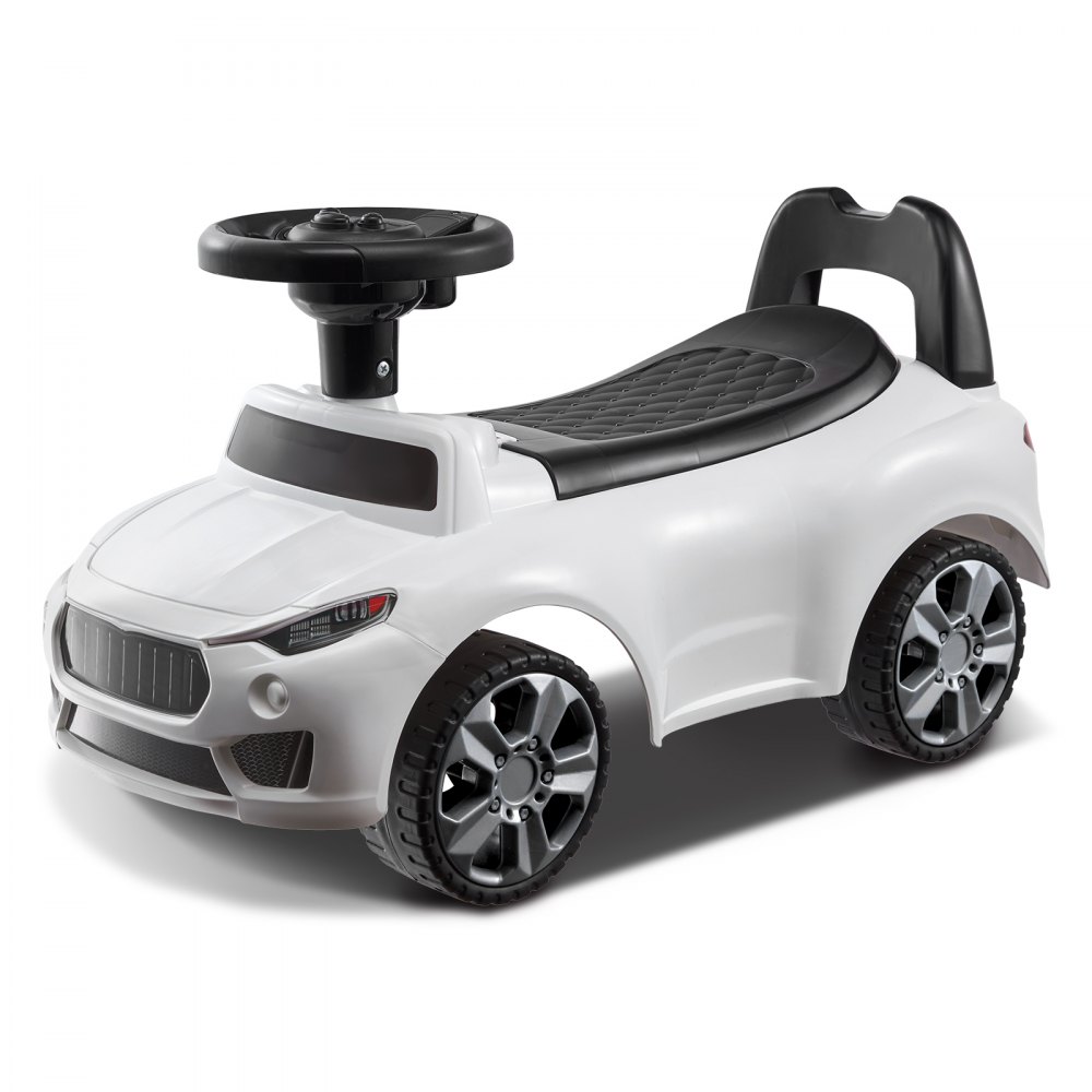 white VEVOR ride on push car with black seat, steering wheel, and realistic car details.