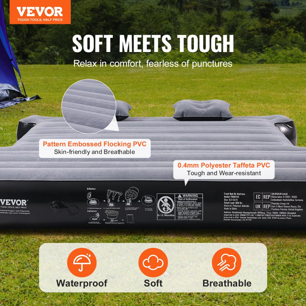 VEVOR Truck Air Mattress, voor vrachtwagenbedden van 5,5-5,8 ft, opblaasbaar luchtbed, kampeerbed met 12V luchtpomp, 2 kussens, draagtas, voor Silverado, RAM, F-serie, Sierra, Titan, Tundra