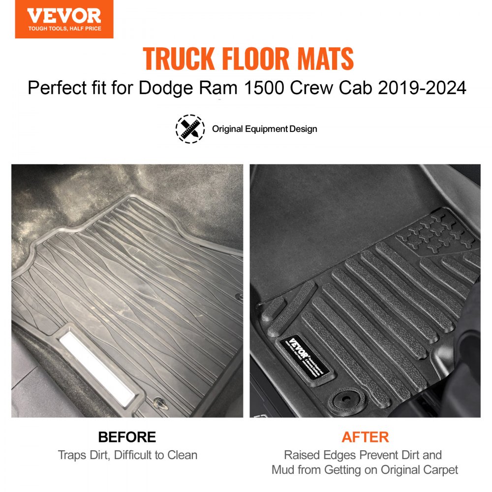 VEVOR Automotive Floor Mats, Fits for Dodge Ram 1500 Crew Cab 2019-2024, 3 pcs Front and 2nd Row Liners, All Weather Custom Fit TPE Vehicle Floor Mats, Easy to Clean Floor Liners for Trucks, Black
