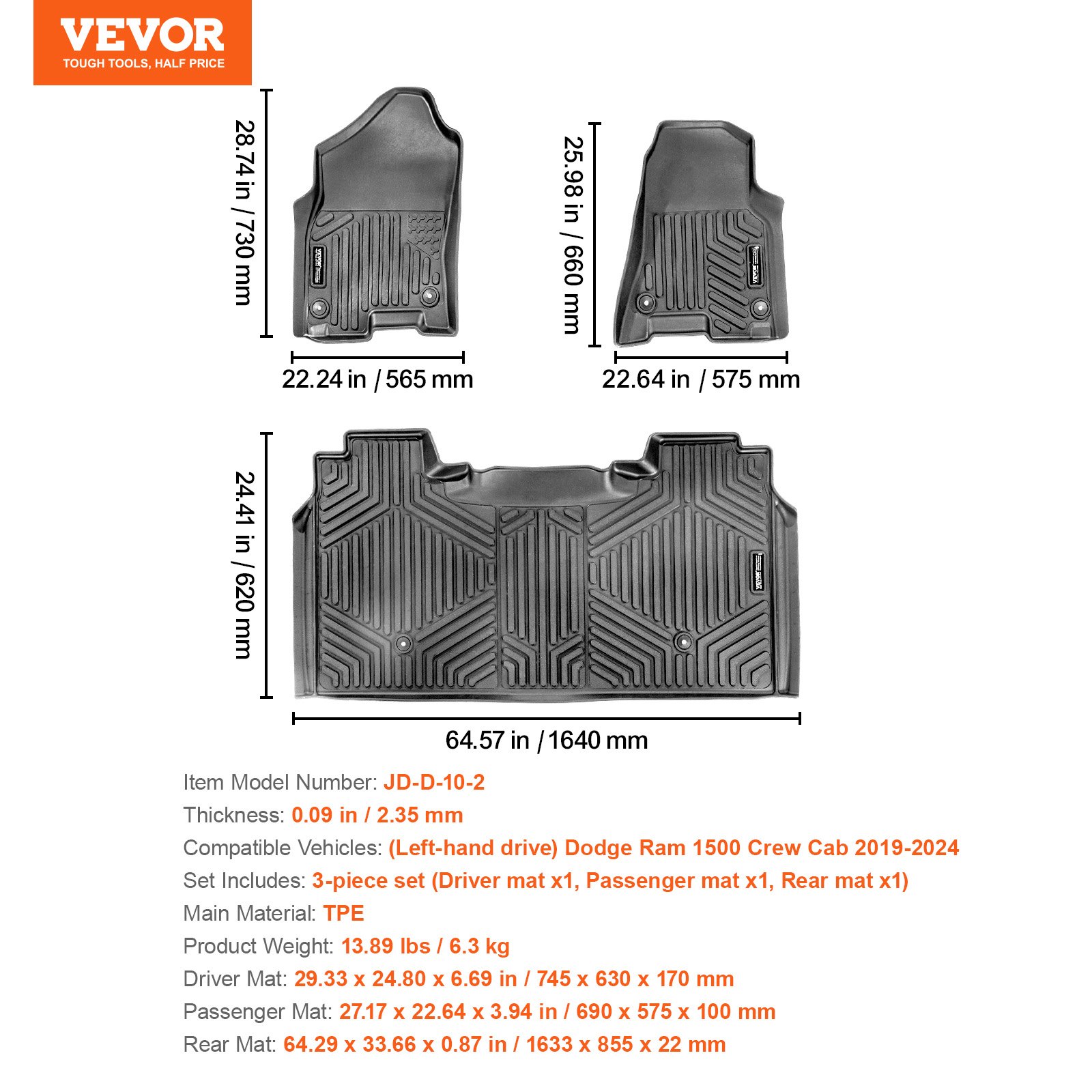 VEVOR Automotive Floor Mats, Fits for Dodge Ram 1500 Crew Cab 2019-2024, 3 pcs Front and 2nd Row Liners, All Weather Custom Fit TPE Vehicle Floor Mats, Easy to Clean Floor Liners for Trucks, Black