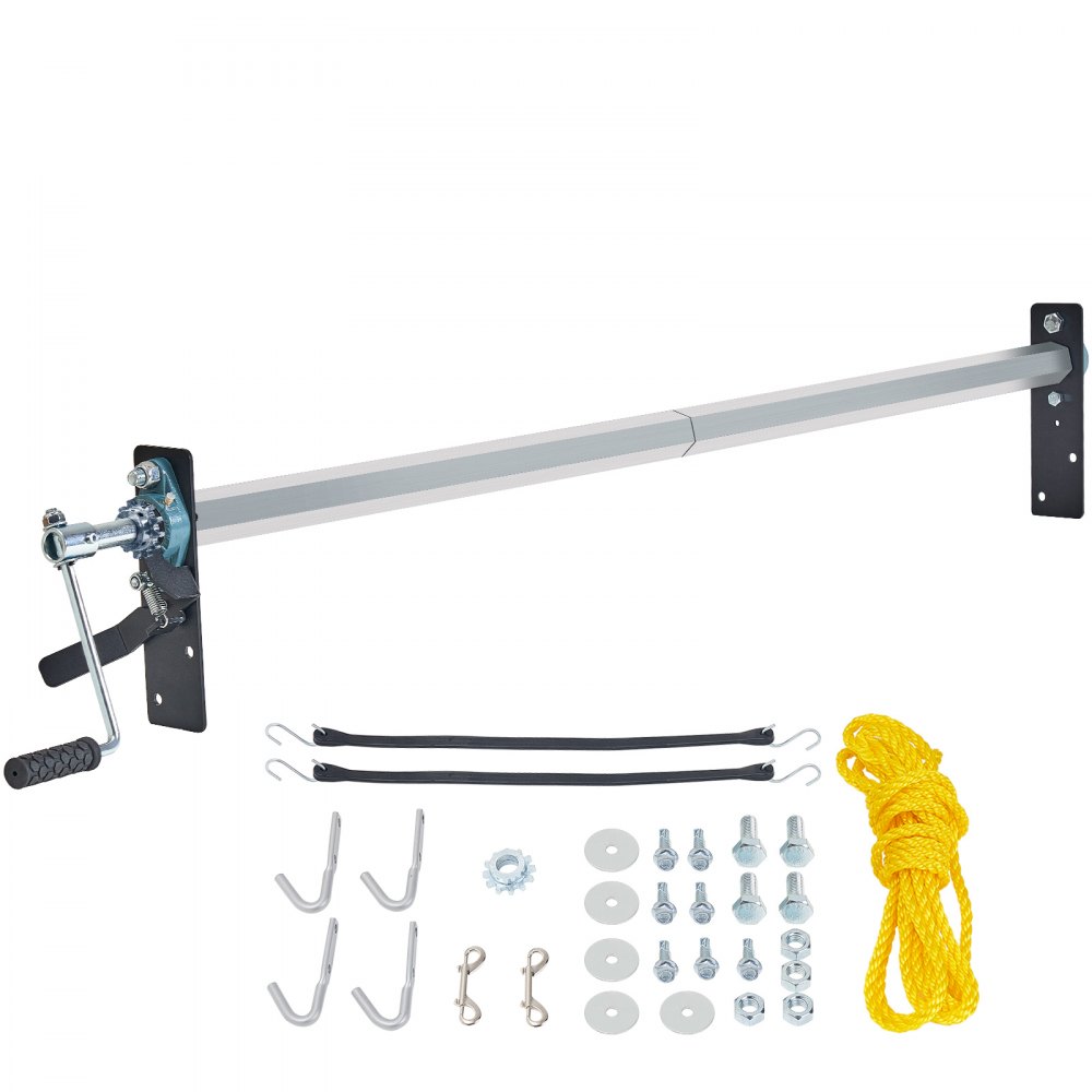 VEVOR hand crank tarp roller kit with hooks, bolts, washers, and yellow rope for truck bed cover.