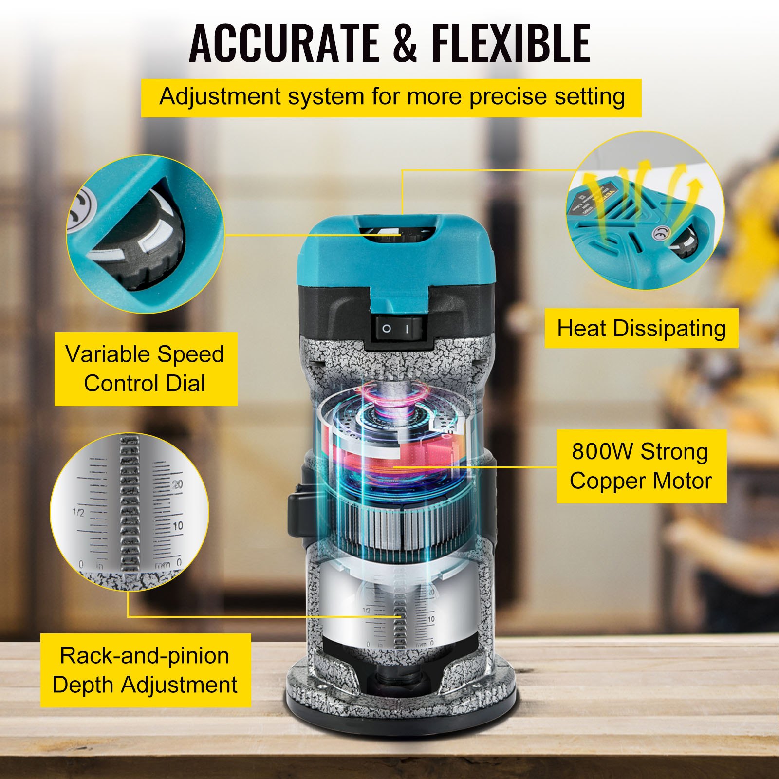 VEVOR Elektrische Hand Trimmer, 710 W Elektrische Trimmer-Router, Laminaat Router Trimmer met Drie Freesspantangen, Bovenfrees en Trimmer met Vaste Basis, Aluminium Omhulsel en 13k-33k RPM Rotatie