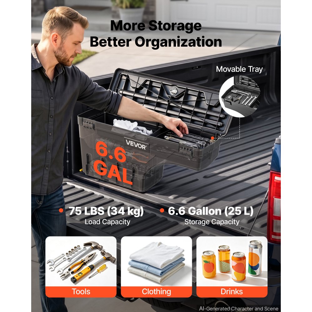 VEVOR Pickup gereedschapskist voor Ford F-150 (1997–2014) 25 L ABS opbergbox voor passagierszijde rechts (boren vereist), 180° draaibaar, waterdicht, antidiefstal slot en cijferslot