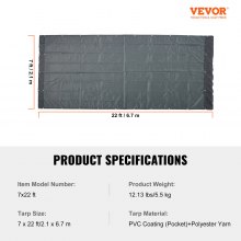 VEVOR Truck Tarp 7' x 20' PVC gecoate zwarte heavy-duty hoes met dubbele zak Messing oogjes Versterkte dubbele naaldstof Geschikt voor handmatig of elektrisch dumptrucksysteem