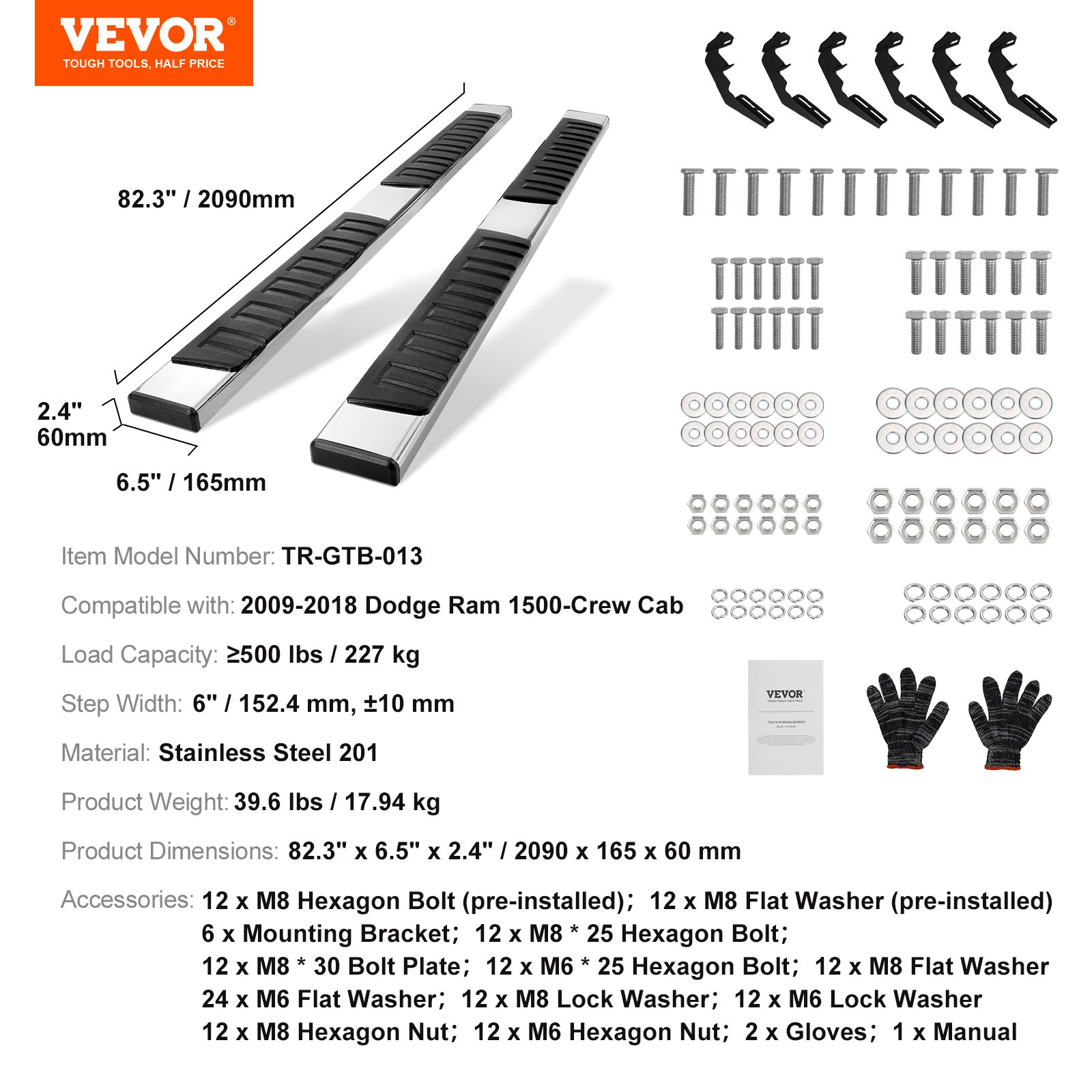 VEVOR Treeplanken Compatibel met 2009-2018 Dodge Ram 1500/2010-2023 Ram 2500/3500 (inclusief 2019-2023 Classic) Crew Cab, 201 RVS Zijtreden 227 kg, 152,4 mm, 2-pack