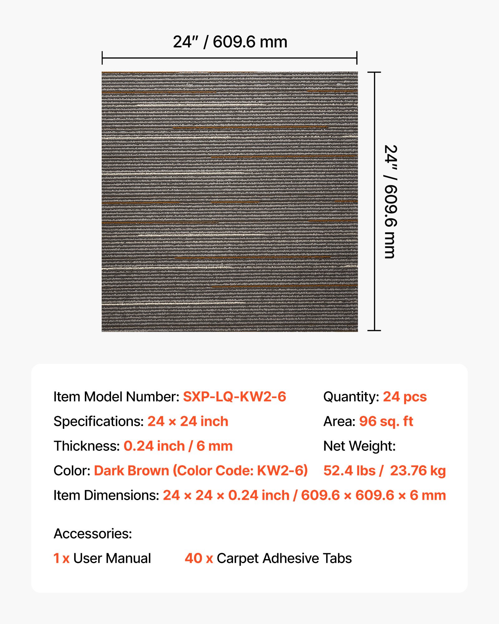 VEVOR Tapijttegels 609,6 x 609,6 x 6 mm, 24-pack, modulaire tapijtbedekking 9 m², tapijtvloer, eenvoudig zelf te vervangen voor woonkamer en kantoor, donkerbruin