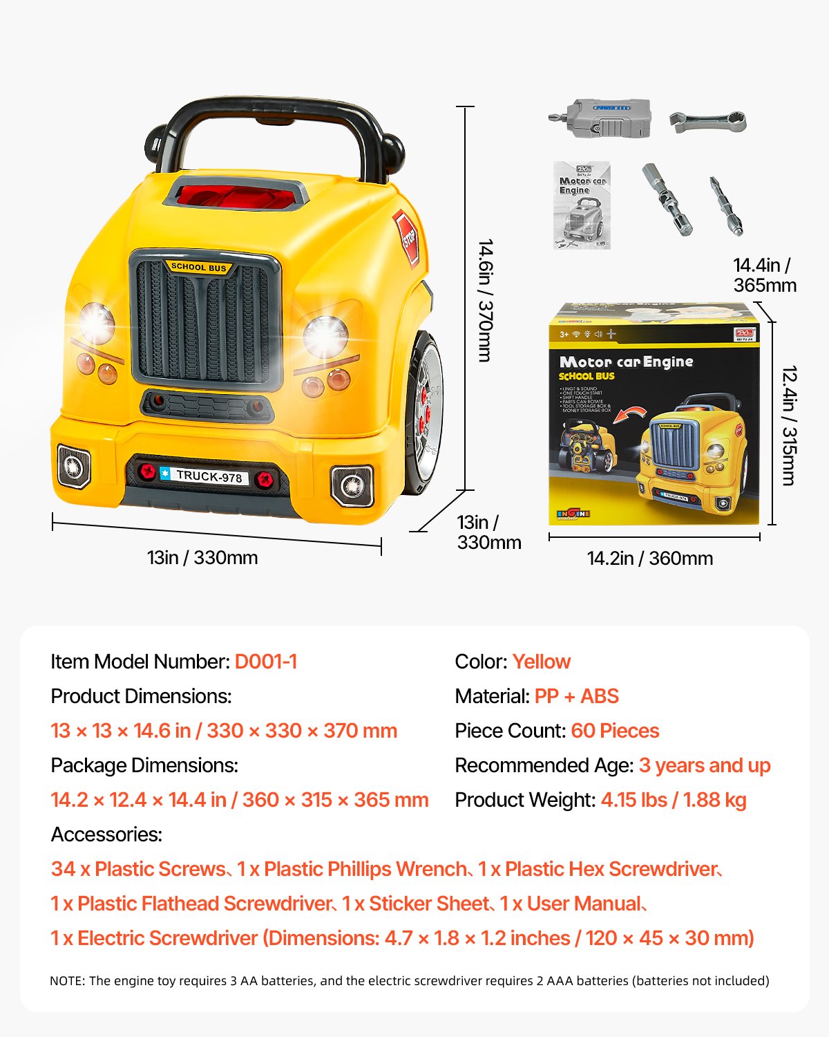 VEVOR 60-delige autoreparatieset voor kinderen met verwijderbare onderdelen, licht en geluid, stuur en claxon, werkplaatsset voor peuters vanaf 3 jaar, geel