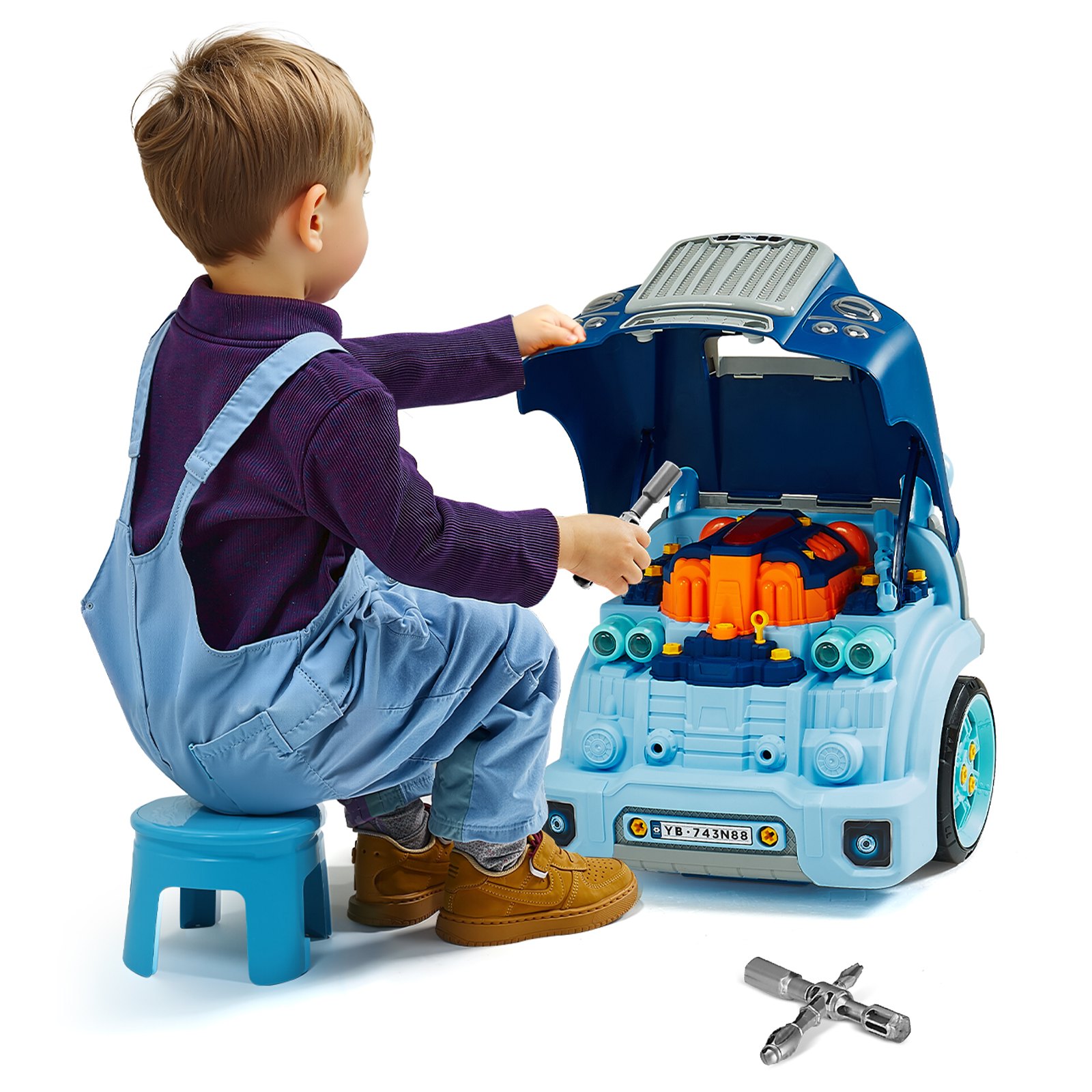 VEVOR Engine Toy, 60 Pieces, Kids Mechanic Car Repair Set with Removable Parts, Lights and Sounds, Steering Wheel and Horn, Kids Mechanic Workshop Set for Toddler Ages 3 Years and Up, Blue