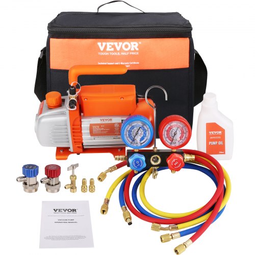 VEVOR vacuümpomp 100 l/min, eentraps vacuümpomp, 220 V/50 Hz, 1440 tpm, 800-4000 psi (55-276 bar), 250 ml oliecapaciteit. Vacuümmanometerset voor airconditioning en koelsystemen in auto's.