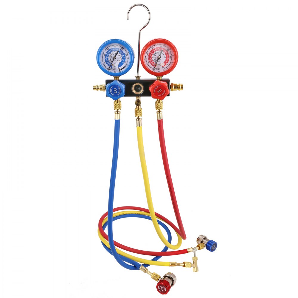 VEVOR 1/5 HP 3.5 CFM AC Vacuum Pump and Gauge Set, Single Stage Rotary Vane HVAC Air Vacuum Pump A/C Refrigerant Kit Manifold Gauge Set, with Three-Color Hose Carry Bag, Applicable to R134a, R410a