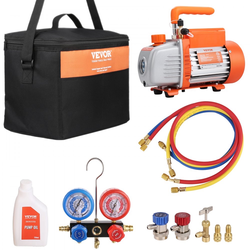 VEVOR 1/5 HP 3.5 CFM AC Vacuum Pump and Gauge Set, Single Stage Rotary Vane HVAC Air Vacuum Pump A/C Refrigerant Kit Manifold Gauge Set, with Three-Color Hose Carry Bag, Applicable to R134a, R410a