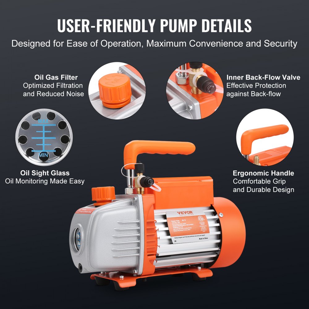 VEVOR vacuümpomp 100 l/min, eentraps vacuümpomp, 220 V/50 Hz, 1440 tpm, 800-4000 psi (55-276 bar), 250 ml oliecapaciteit. Vacuümmanometerset voor airconditioning en koelsystemen in auto's.