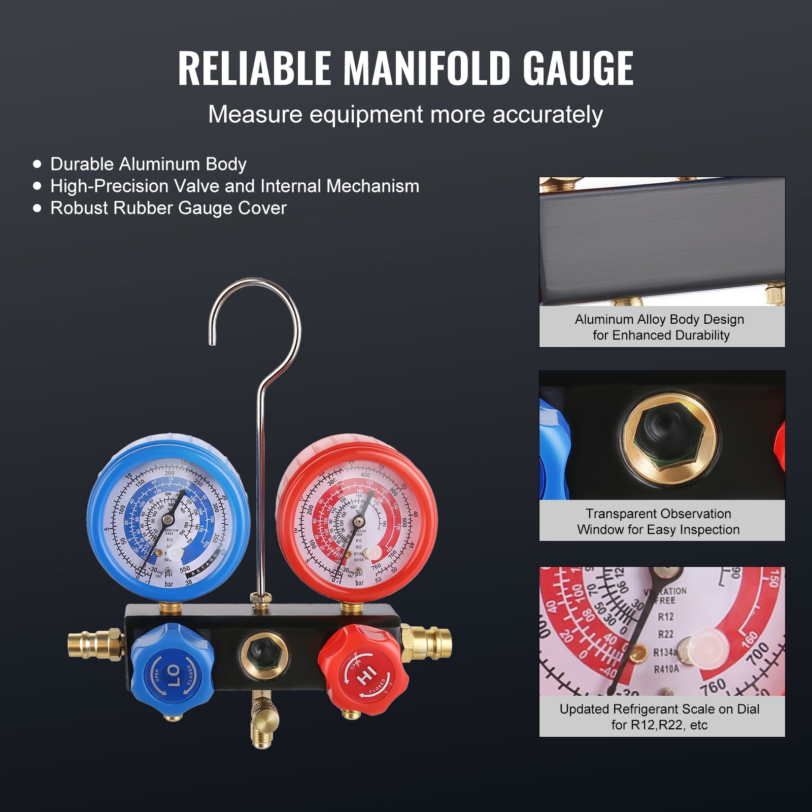 VEVOR 1/5 HP 3.5 CFM AC Vacuum Pump and Gauge Set, Single Stage Rotary Vane HVAC Air Vacuum Pump A/C Refrigerant Kit Manifold Gauge Set, with Three-Color Hose Carry Bag, Applicable to R134a, R410a