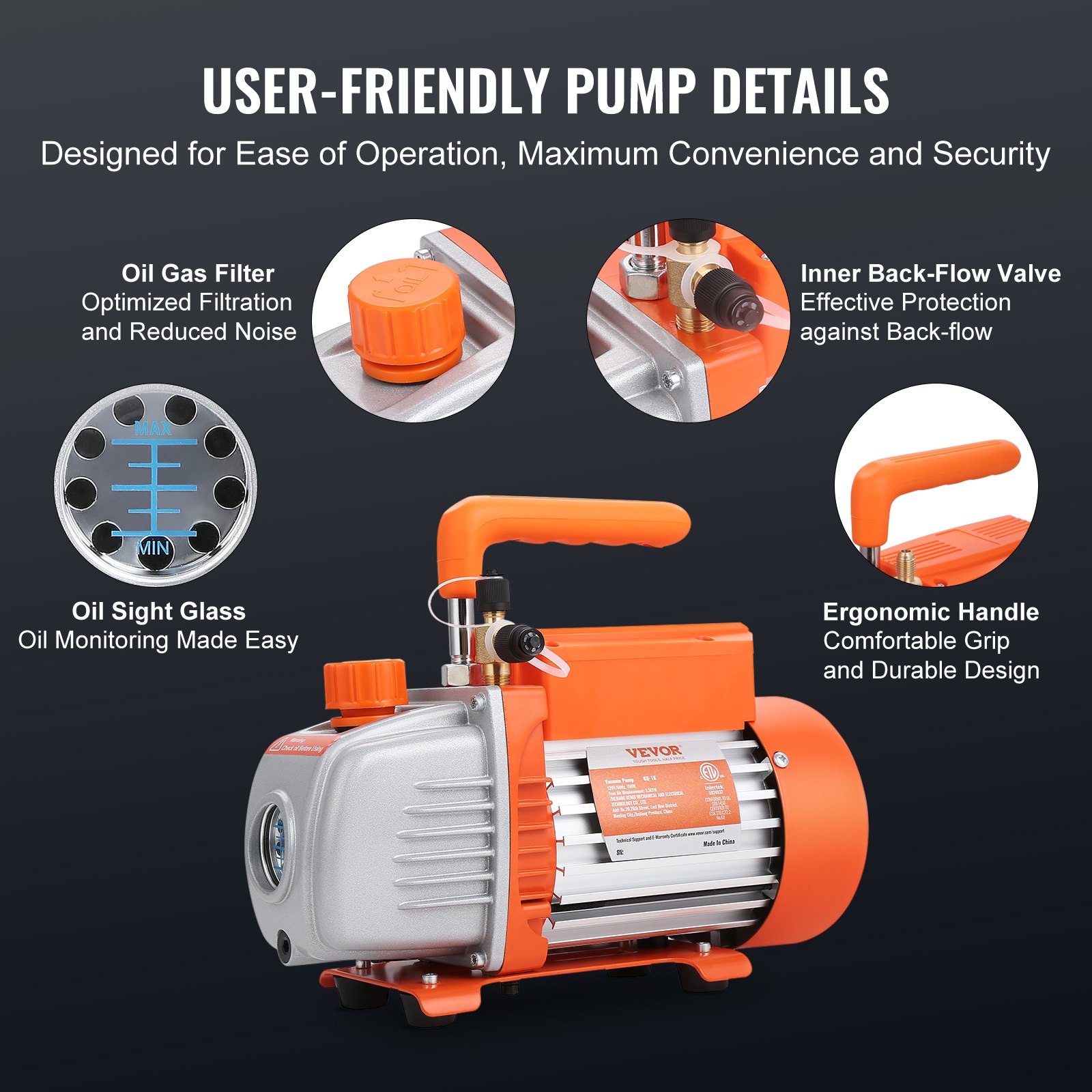 VEVOR vacuümpomp 100 l/min, eentraps vacuümpomp, 220 V/50 Hz, 1440 tpm, 800-4000 psi (55-276 bar), 250 ml oliecapaciteit. Vacuümmanometerset voor airconditioning en koelsystemen in auto's.