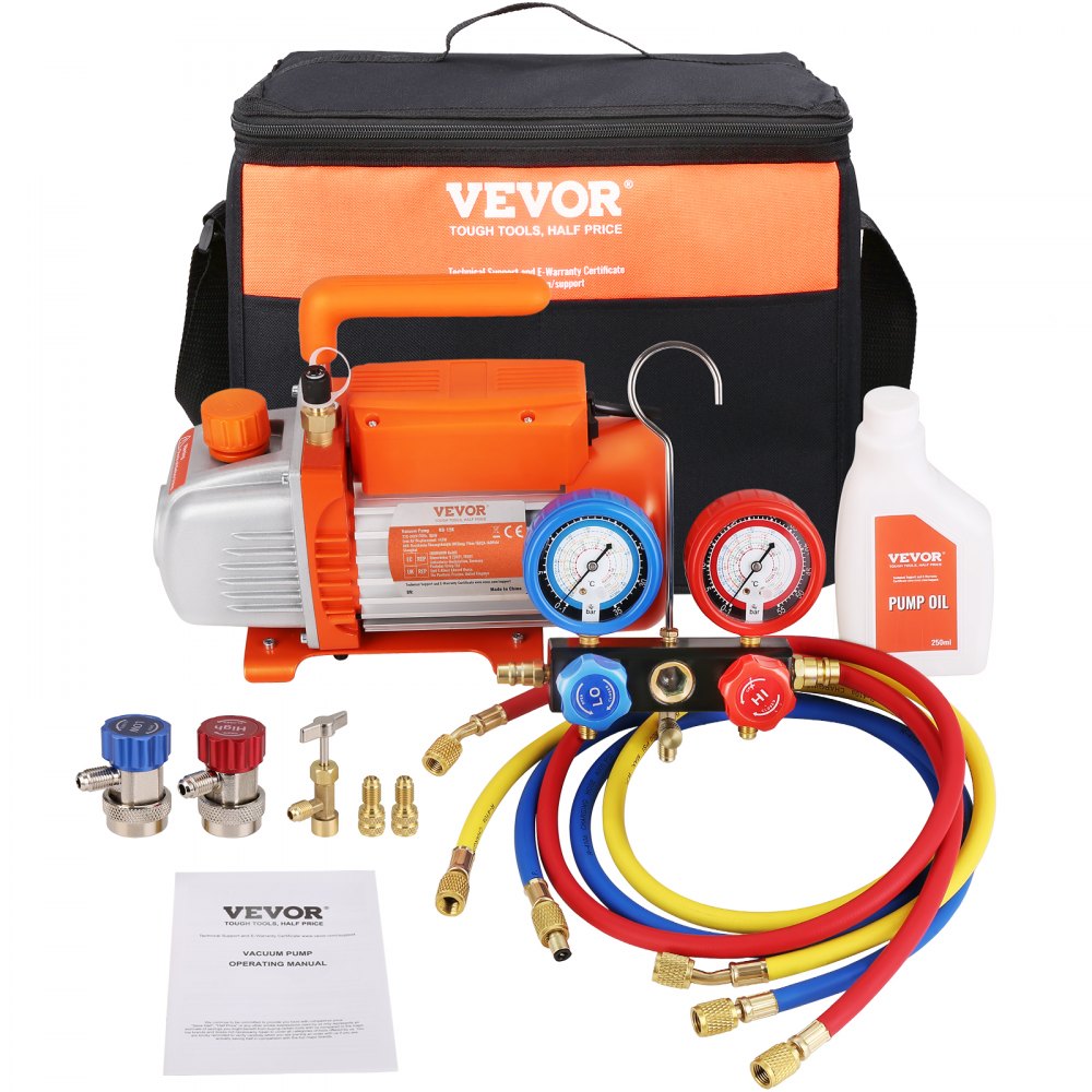 VEVOR 1/4 HP 4.5 CFM AC Vacuum Pump and Gauge Set, Single Stage Rotary Vane HVAC Air Vacuum Pump A/C Refrigerant Kit Manifold Gauge Set, with Three-Color Hose Carry Bag, Applicable to R134a, R410a