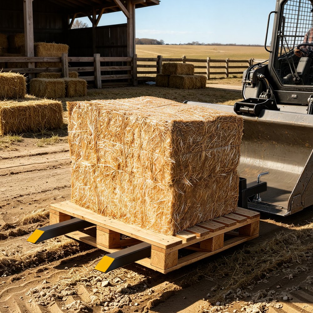 VEVOR klemvorken voor pallets, 1524 mm tanden met een draagvermogen van 907 kg, vorken voor tractorladers en compacte laders, stalen constructie, verstelbare stabilisatorstang van 500-915 mm, gele uiteinden