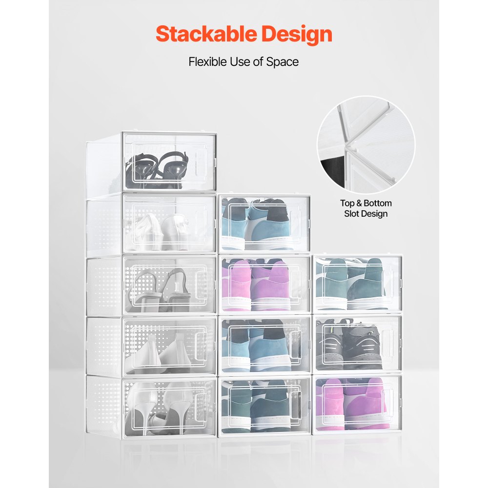 VEVOR Schoenenopbergdozen Stapelbare schoenendozen (12 stuks) Geschikt voor schoenen tot maat 11, Modulaire plastic schoenenorganizer voor het opbergen van hoge hakken, laarzen en hoeden, Wit frame