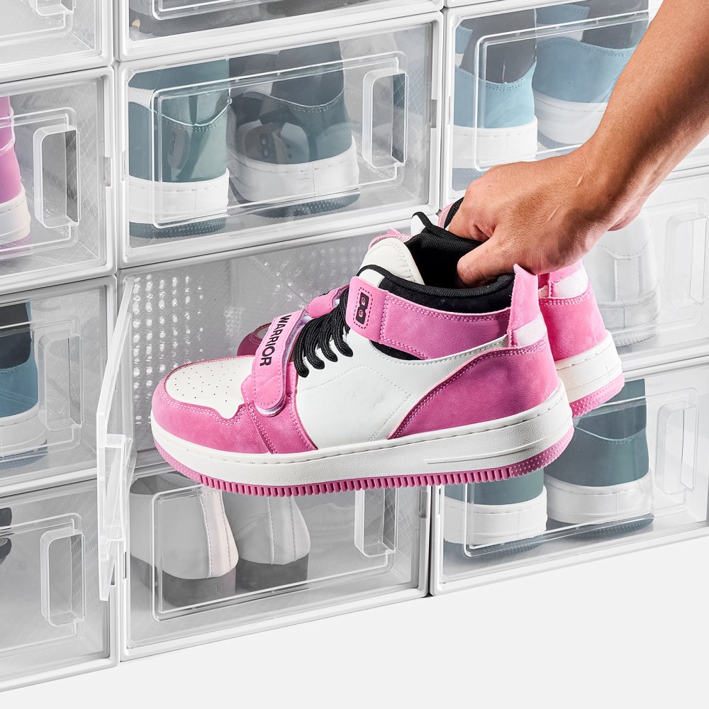 VEVOR Schoenenopbergdozen Stapelbare schoenendozen (12 stuks) Geschikt voor schoenen tot maat 11, Modulaire plastic schoenenorganizer voor het opbergen van hoge hakken, laarzen en hoeden, Wit frame