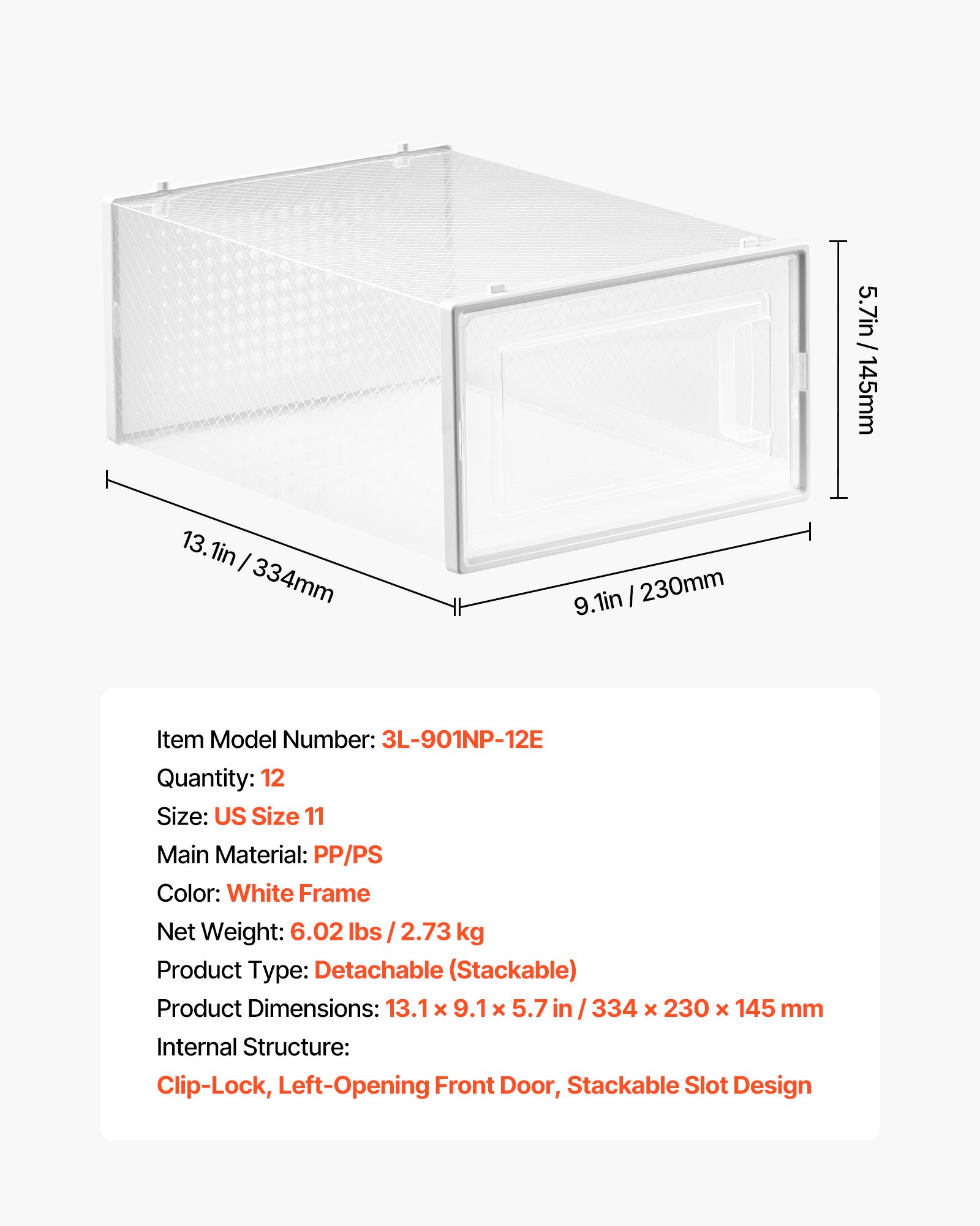 VEVOR Schoenenopbergdozen Stapelbare schoenendozen (12 stuks) Geschikt voor schoenen tot maat 11, Modulaire plastic schoenenorganizer voor het opbergen van hoge hakken, laarzen en hoeden, Wit frame