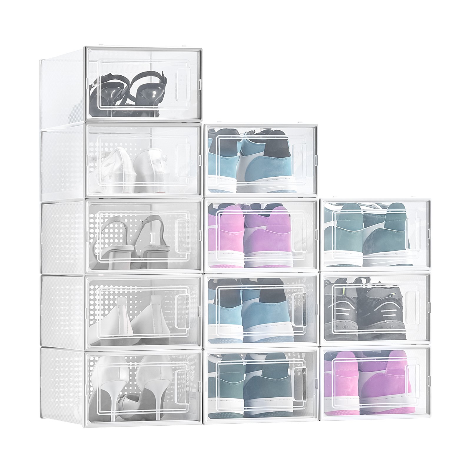 VEVOR Schoenenopbergdozen Stapelbare schoenendozen (12 stuks) Geschikt voor schoenen tot maat 11, Modulaire plastic schoenenorganizer voor het opbergen van hoge hakken, laarzen en hoeden, Wit frame