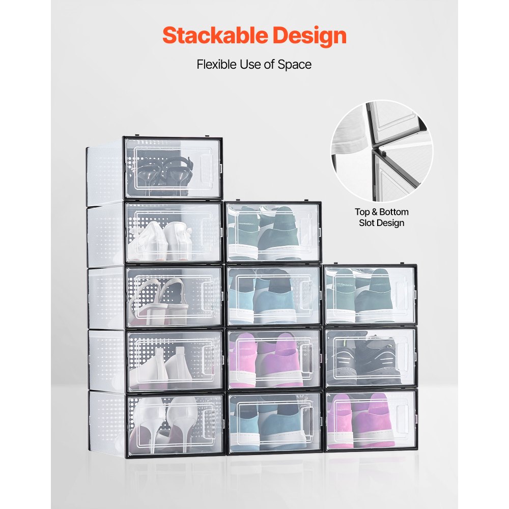 VEVOR Shoe Storage Boxes, 12 Pack Stackable Shoe Boxes Storage Organizers, Fit up to US Size 11, Plastic Modular Space Saving Sneaker Containers for Storing High Heels, Boots, and Hats, Black Frame