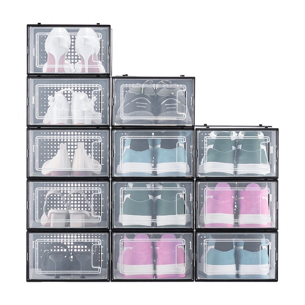 VEVOR Shoe Storage Boxes, 12 Pack Stackable Shoe Boxes Storage Organizers, Fit up to US Size 11, Plastic Modular Space Saving Sneaker Containers for Storing High Heels, Boots, and Hats, Black Frame