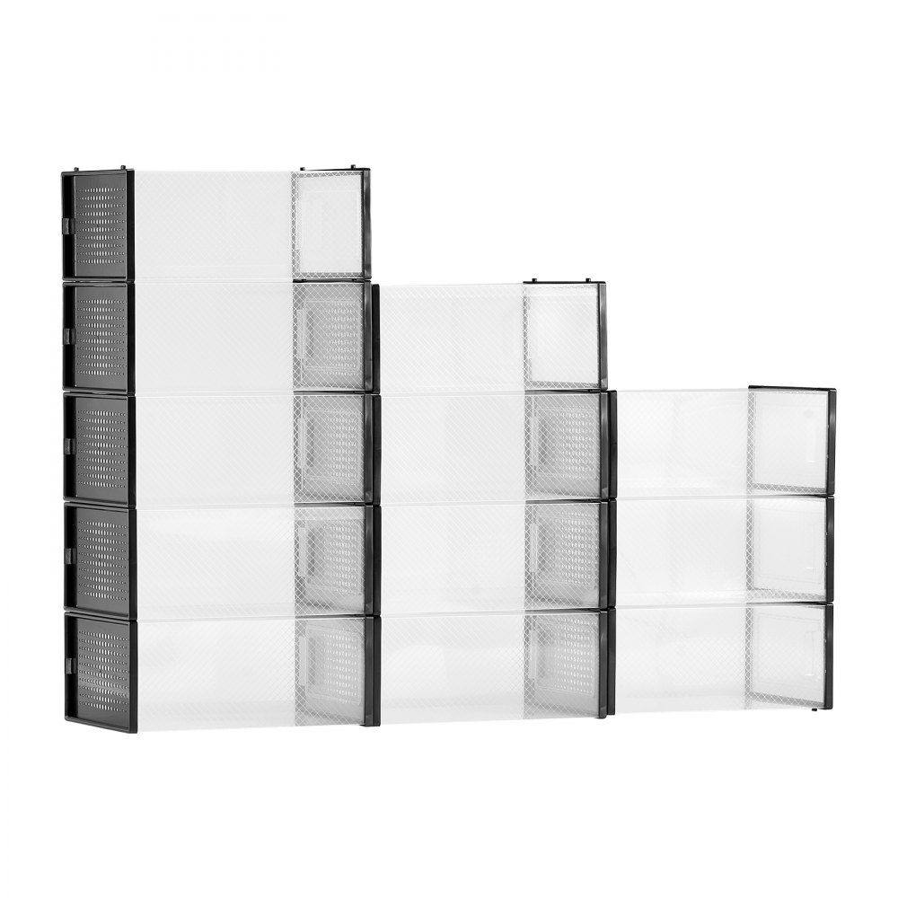 VEVOR Shoe Storage Boxes, 12 Pack Stackable Shoe Boxes Storage Organizers, Fit up to US Size 11, Plastic Modular Space Saving Sneaker Containers for Storing High Heels, Boots, and Hats, Black Frame