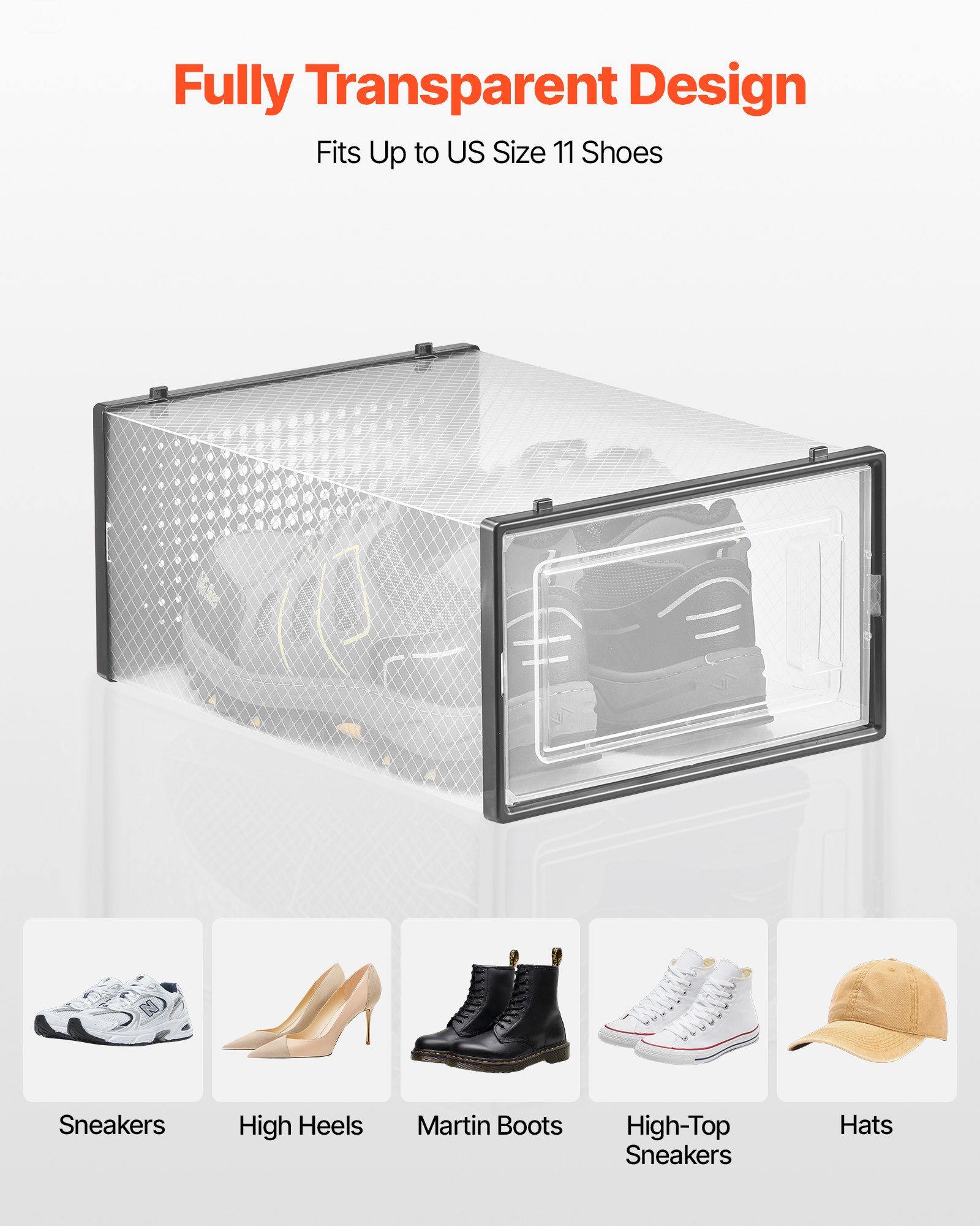 VEVOR Shoe Storage Boxes, 12 Pack Stackable Shoe Boxes Storage Organizers, Fit up to US Size 11, Plastic Modular Space Saving Sneaker Containers for Storing High Heels, Boots, and Hats, Black Frame