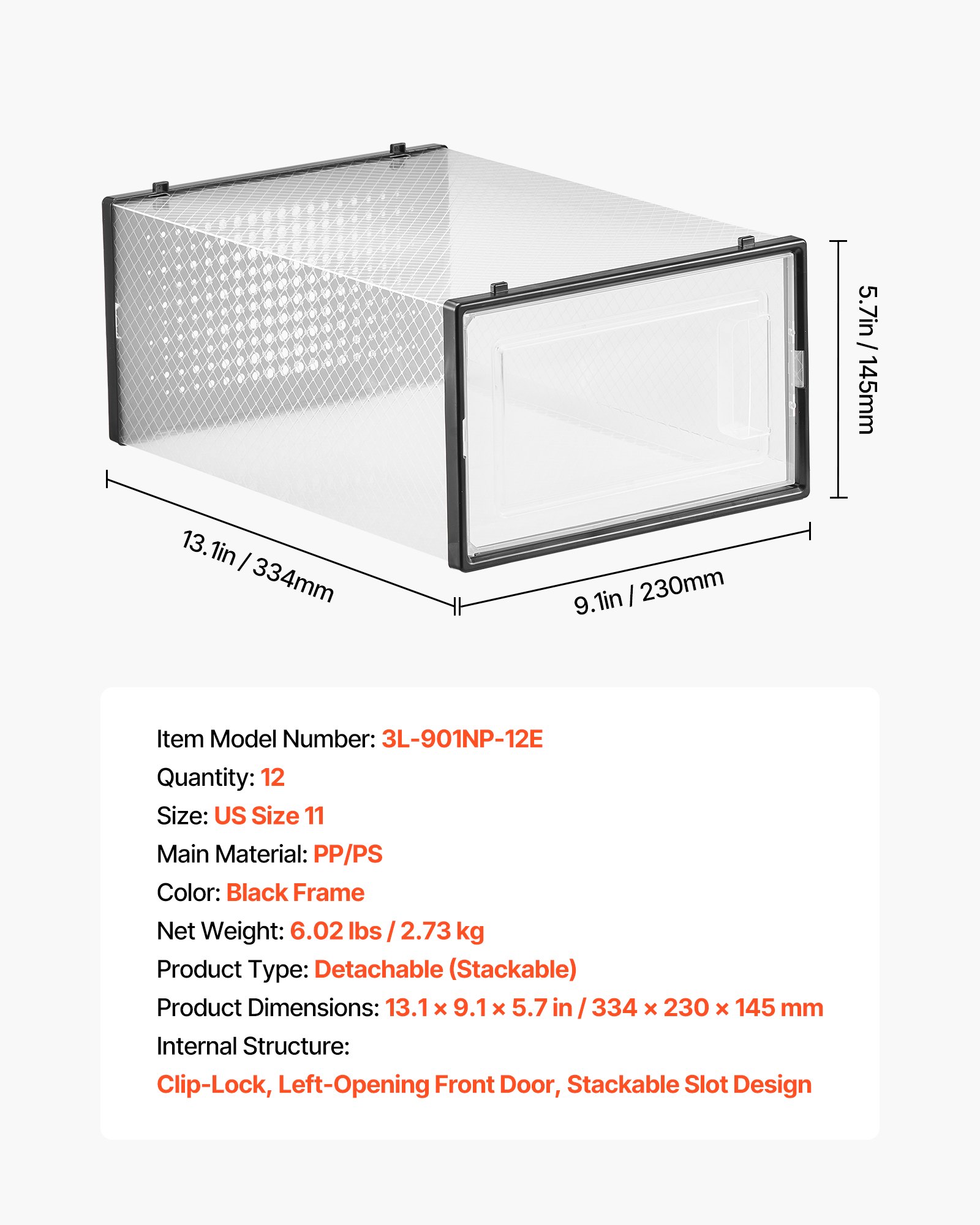 VEVOR Shoe Storage Boxes, 12 Pack Stackable Shoe Boxes Storage Organizers, Fit up to US Size 11, Plastic Modular Space Saving Sneaker Containers for Storing High Heels, Boots, and Hats, Black Frame