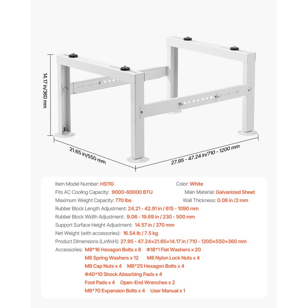 VEVOR Mini Split Ground Stand, Adjustable Anti-Vibration Mini Split Stand for 9000-60000 BTU Ductless Air Conditioner Heat Pump, Heavy Duty AC Base Bracket Floor Mount w/ 350kg Max. Load Capacity
