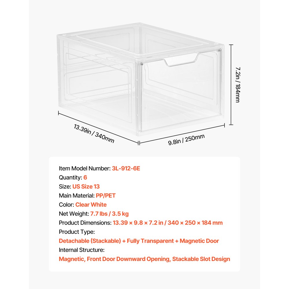 VEVOR Shoe Storage Boxes, 6 Pack Clear Stackable Shoe Boxes Storage Organizers with Magnetic Door, Fit up to US Size 13, Plastic Sneaker Containers for High Heels, Boots, and Hats, Transparent White