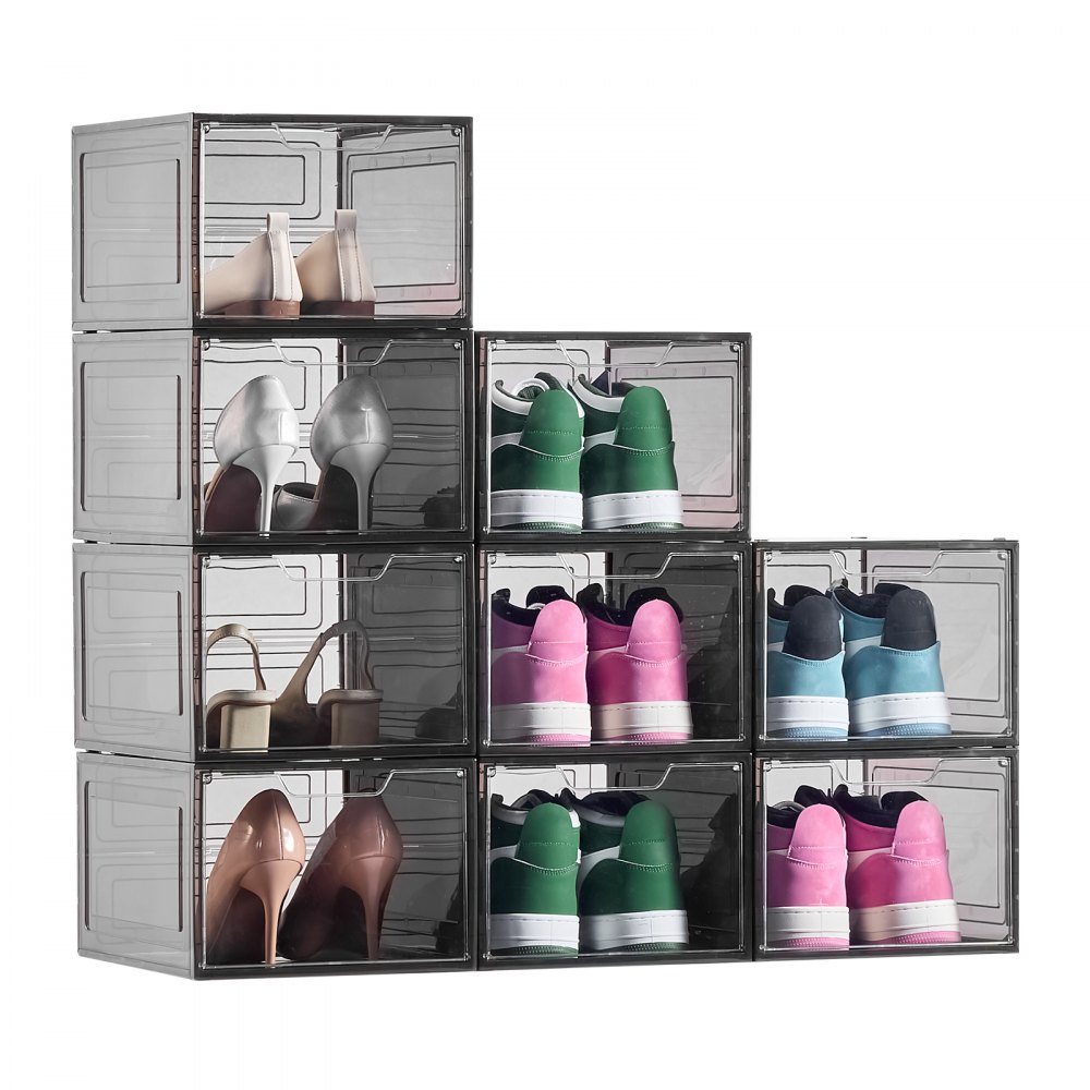 VEVOR Shoe Storage Boxes, 9 Pack Clear Stackable Shoe Boxes Storage Organizers with Magnetic Door, Fit up to US Size 13, Plastic Sneaker Containers for High Heels, Boots, and Hats, Transparent Black