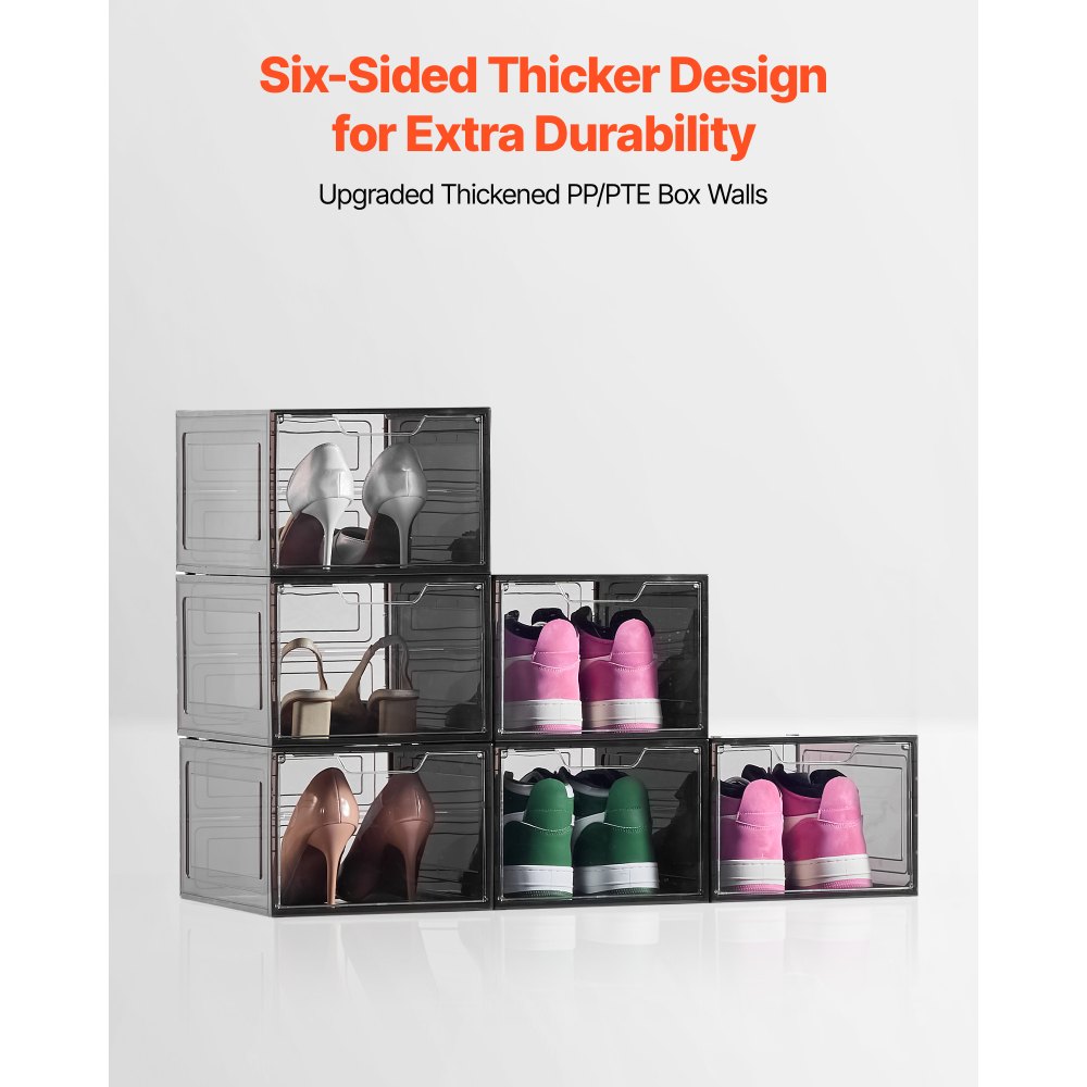 VEVOR Shoe Storage Boxes, 6 Pack Clear Stackable Shoe Boxes Storage Organizers with Magnetic Door, Fit up to US Size 13, Plastic Sneaker Containers for High Heels, Boots, and Hats, Transparent Black