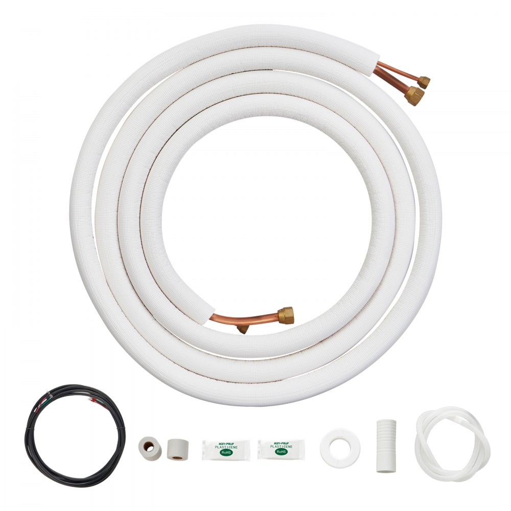 VEVOR mini split line set with copper tubing, insulation, power cable, connectors, and accessories.