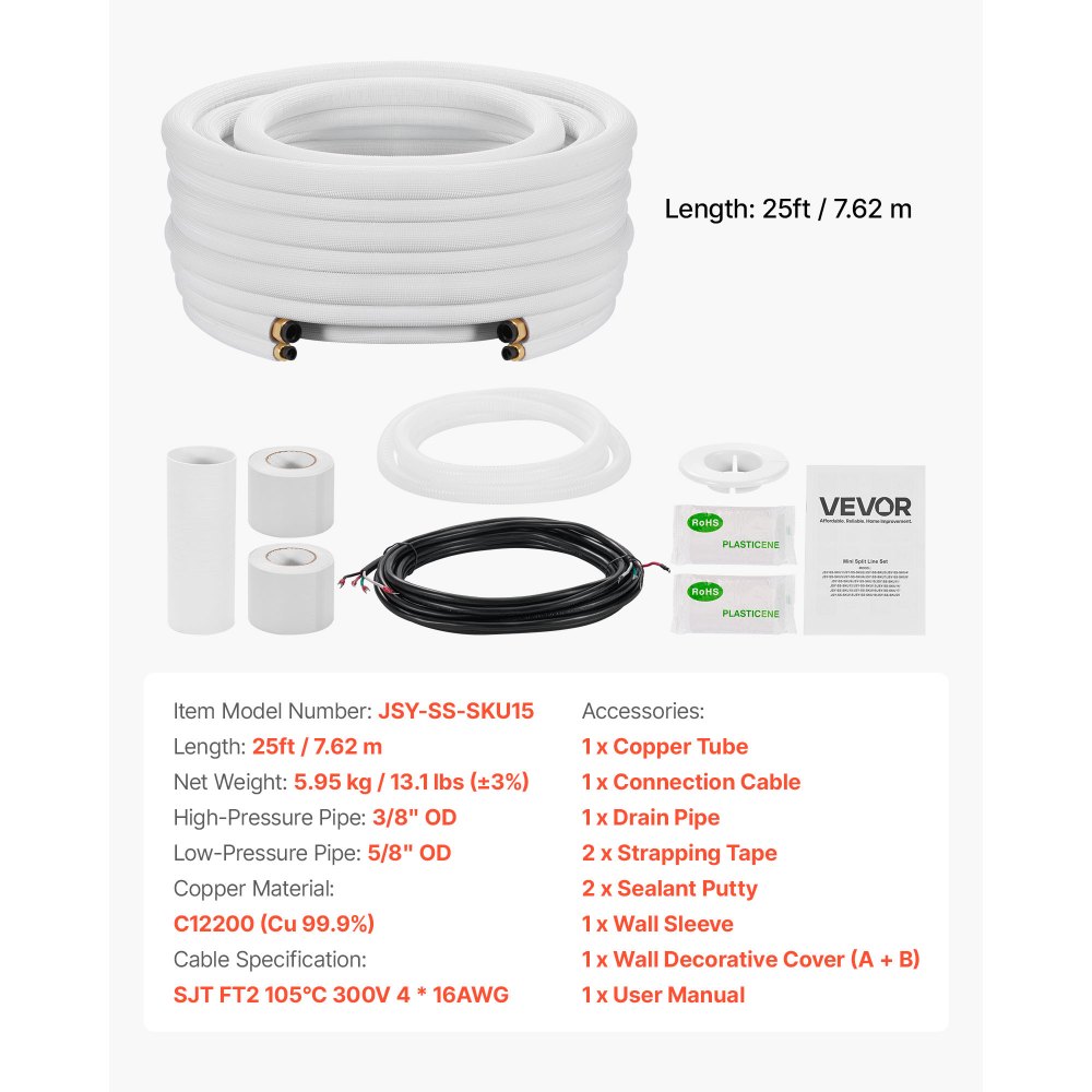 VEVOR 7.6m Mini Split Line Set, 9.5 & 15.9mm OD AC Copper Tubing Pipe, 3/8 White PE Thickened Insulated Coil with Flared Nuts, Rich Fittings, for Mini Split Air Conditioner HVAC or Heat Pump System